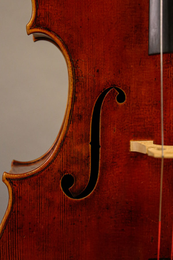 Cello, modelled after a cello by M. Goffriller. Ian McWilliams, 2021. Crawford Instruments